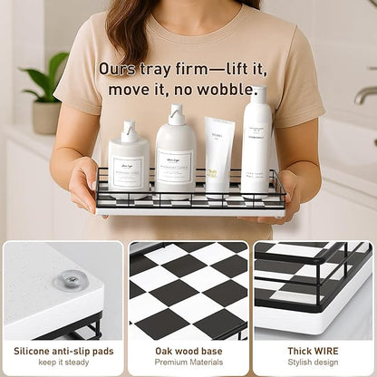 Toilet Paper Basket Organizer – Oak Wood Toilet Tank Tray with Metal Frame, Bathroom Counter Top Storage for Toilet Paper, Wipes & Decor, Modern Narrow Back of Tank Shelf Organizer, Black & White