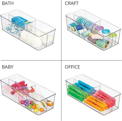 mDesign Plastic Kitchen Cabinet Storage Organizer Bin Box - 4 Divided Sections for Pantry Shelves, Countertops, Island, or Cupboard - Holds Snacks, Tea Bags, Spices, Sauces, Ligne Collection, Clear