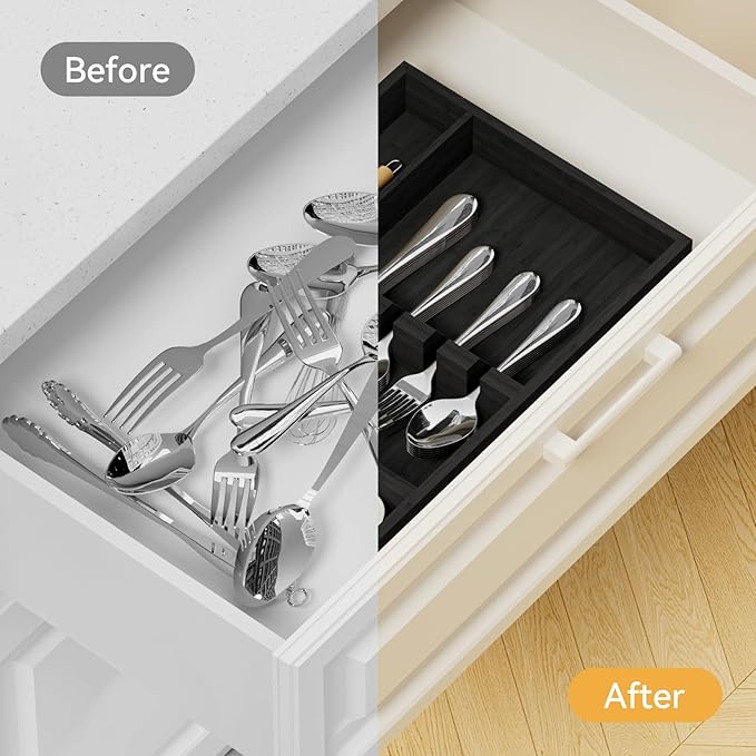 Yofidra Bamboo Silverware Organizer, 13.8 x 9.84 x 1.96 Inches Kitchen Utensil Drawer Organizer, Silverware Tray for Drawer with Fixed Slots for Spoons, Forks & Knives, Natural (Black)