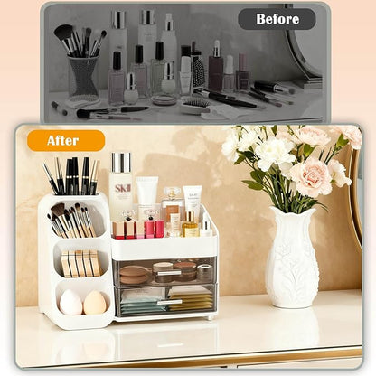 Makeup Organizer with Brush Holder for Vanity, Spacious Cosmetic Display Case with 2 Drawers, The Perfect Bathroom Vanity Organizer for Beauty Essentials, Skincare, Lipsticks