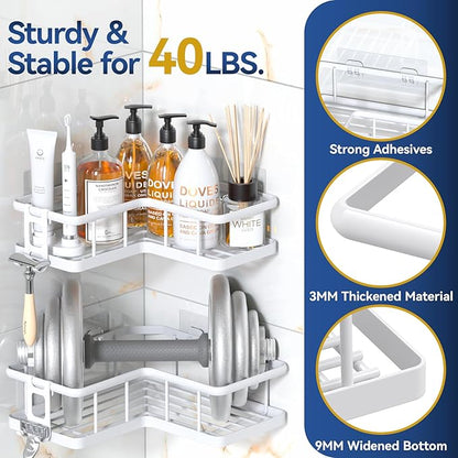 YASONIC Shower Caddy Corner, 2-Pack Adhesive Rustproof Stainless Steel Shower Shelves with Soap Holder, No Drilling Shower Organizer Corner for Dorm, Renters Bathroom White