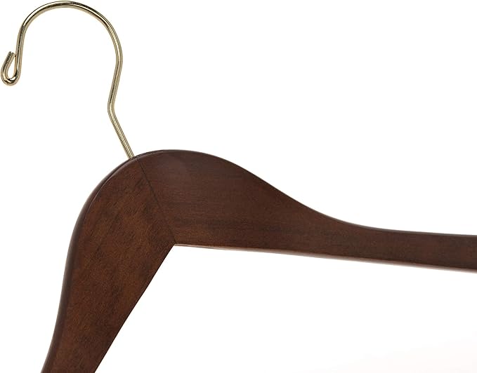 Quality Semi Curved Wooden Suit Hangers, 10-Pack Smooth Finish Solid Wood Coat Hanger with Swivel Hook, Jacket, Pant, Dress Clothes Hangers (Walnut - Gold Hook, 10)