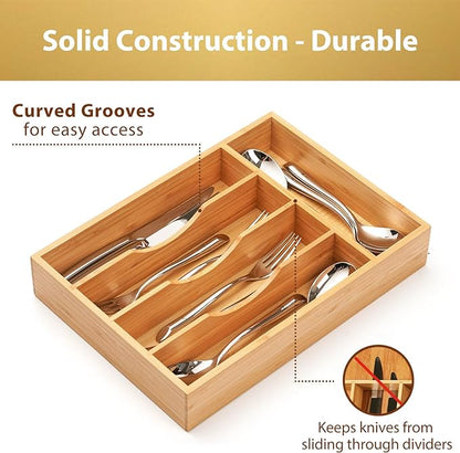 Umilife Bamboo Kitchen Drawer Organizer, 9 Inch Silverware Utensils Tray Holder for Small Drawer, Wood Caddy for Flatware Cutlery Knives