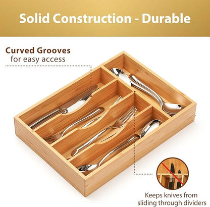 Umilife Bamboo Kitchen Drawer Organizer, 8.25 Inch Silverware Utensils Tray Holder for Small Drawer, Wood Caddy for Flatware Cutlery Knives