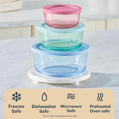 Pyrex Colors (3-Pack, Medium) Tinted Glass Round Food Storage Container Set, Snug Fit Non-Toxic Plastic BPA-Free Lids, Freezer Dishwasher Microwave Safe, 2 Cup, 4 Cup & 7 Cup