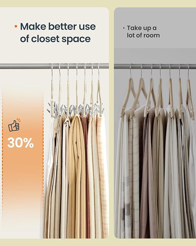 SONGMICS HOME Velvet Pants Hangers with Adjustable Clips, Non-Slip Space-Saving Clothes Hangers, 30 Pack, Shoulder Notches for Skirts, Beige