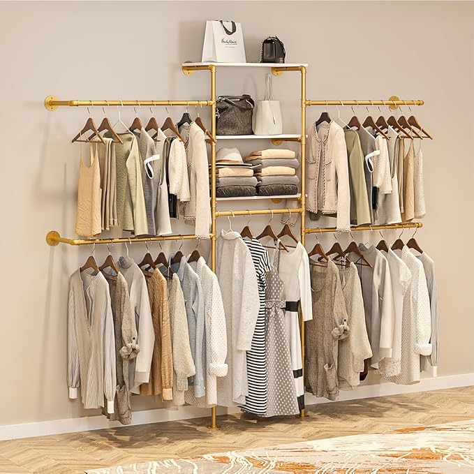 KaKaBB Heavy Duty Gold Pipe Clothing Rack - Wall Mounted Industrial Clothes Rack, DIY Corner Closet System with Shelves, Adjustable Walk-in Closet Organizer (GOLD, 94.5")