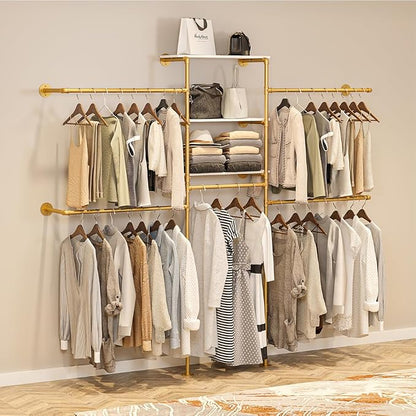 KaKaBB Heavy Duty Gold Pipe Clothing Rack - Wall Mounted Industrial Clothes Rack, DIY Corner Closet System with Shelves, Adjustable Walk-in Closet Organizer (GOLD, 94.5")