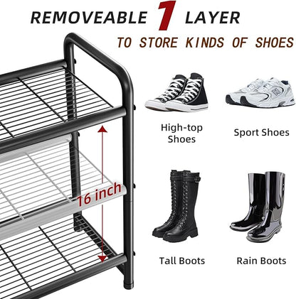 Ekisemio 3-Tier Long Metal Shoe Rack, Wide Stackable Shoe Organizer for Closet & Entryway, with Sturdy Wire Grid Storage Shelf for Bedroom, Black