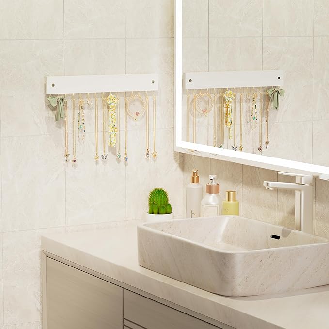 Lolalet Wooden Necklace Holder for Wall with 15 Hooks, Necklaces Hanger Easy Install Wall Mount Necklace Organizer, Jewelry Hangers for Chains, Bracelets, Earrings -Goldwhite