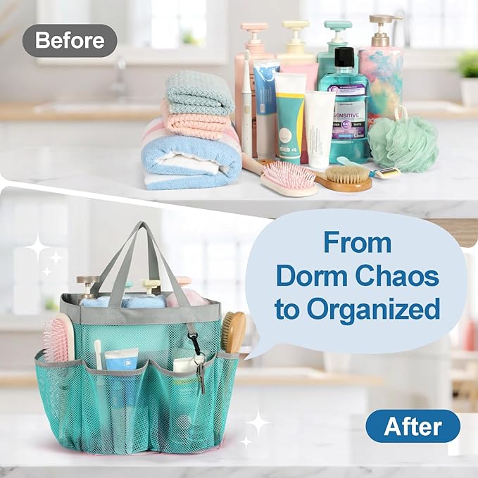 F-color Mesh Shower Caddy Portable, Upgrade Deeper 7 Pockets Shower Bag Basket Bag for College Dorm Room Toiletry Bathroom Essentials Gym Camp Quick Dry 2 handles with S Hook, Mint Green