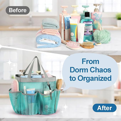 F-color Mesh Shower Caddy Portable, Upgrade Deeper 7 Pockets Shower Bag Basket Bag for College Dorm Room Toiletry Bathroom Essentials Gym Camp Quick Dry 2 handles with S Hook, Mint Green