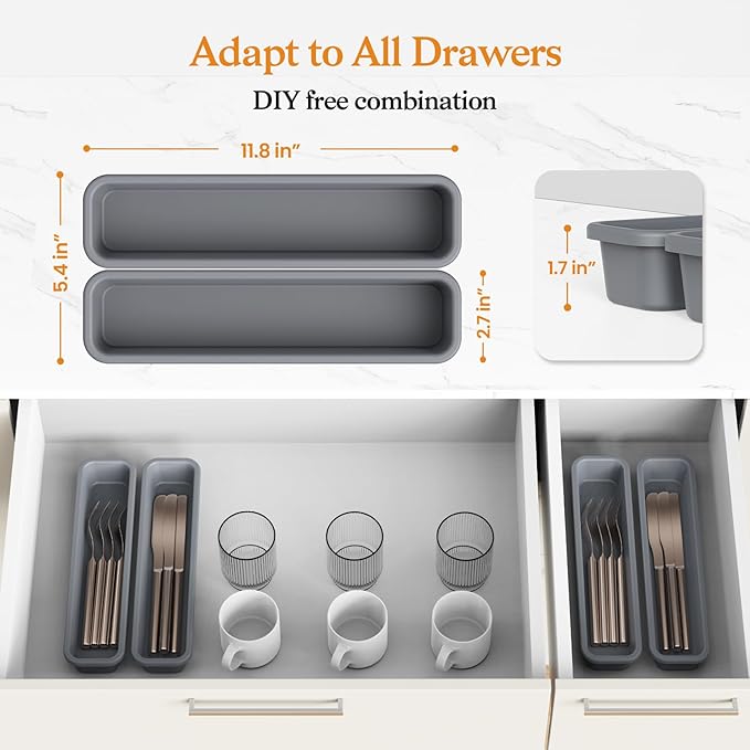 2 Pack Silicone Silverware Organizer, DIY Free Combination Utensil Drawer Organizer, Silverware Drawer Organizer, Flatware Cutlery Tray for Spoons Forks, Anti-slip Design (Grey)