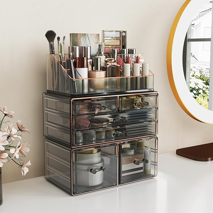 Delamu 3-Tier 6-Drawer Makeup Organizer Countertop Cosmetic Organizer for Dresser and Vanity Bathroom Organizers and Storage for Lipstick Brush Skincare Perfume, Nail Polish, Black with Gilded Borders