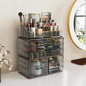 Delamu 3-Tier 6-Drawer Makeup Organizer Countertop Cosmetic Organizer for Dresser and Vanity Bathroom Organizers and Storage for Lipstick Brush Skincare Perfume, Nail Polish, Black with Gilded Borders