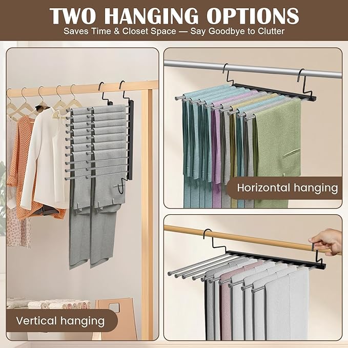 Pants Hangers Space Saving for Closet, 10-Tier Metal Jean Hangers Organizer, Collapsible Non-Slip Trouser Hangers, Magic Rotational Pant Rack for Display and Storage, College Dorm Essentials