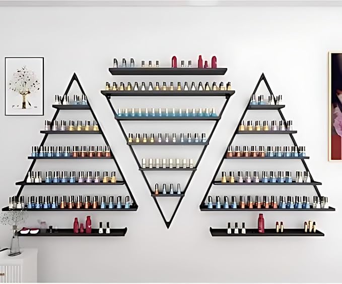 Wall-Mounted Nail Polish Rack, Set of 6 Triangular Black Nail Polish Shelf Lipstick Perfume Cosmetic Display Shelf for Home Spa Nail Salon Shop