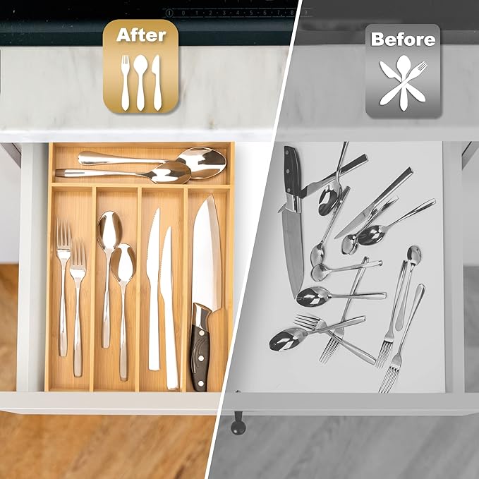 Besilord Silverware Organizer Kitchen Drawer Organizer Utensil Organizer Bamboo Silverware Holder Cutlery Organizer in Drawer Flatware Organizer Tray(5 slots, Natural