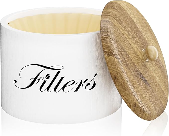 Wooden Coffee Filter Holder with Lid, Basket Storage Container for Counter, Black Small Bar Accessories for Coffee Bar Station(White Wooden)