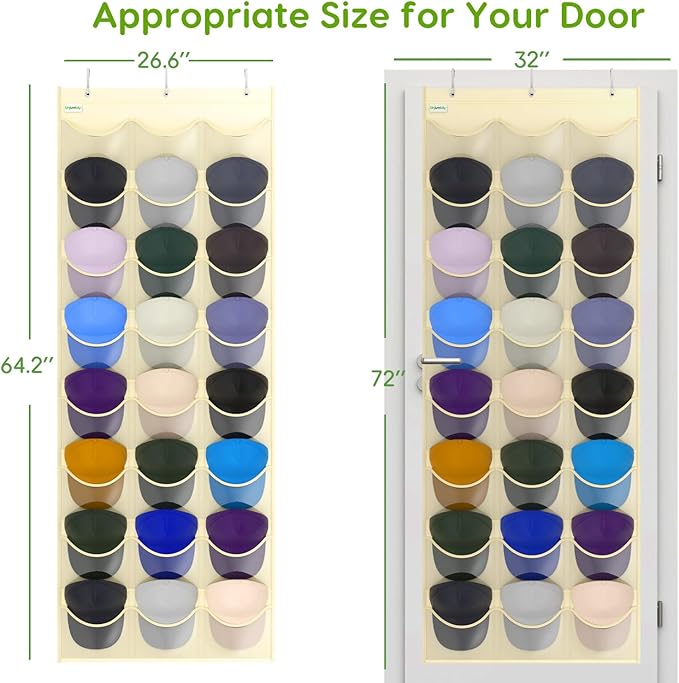 Baseball Hat Rack, 24 Pocket Over-The-Door Hat Organizer with Clear Deep Pockets to Display Baseball Caps Collection, Complete with 3 Over Door Hooks (Beige, 24 Pockets)