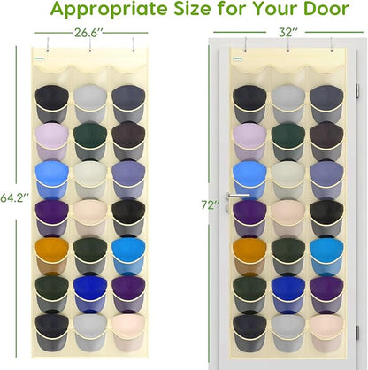 Baseball Hat Rack, 24 Pocket Over-The-Door Hat Organizer with Clear Deep Pockets to Display Baseball Caps Collection, Complete with 3 Over Door Hooks (Beige, 24 Pockets)