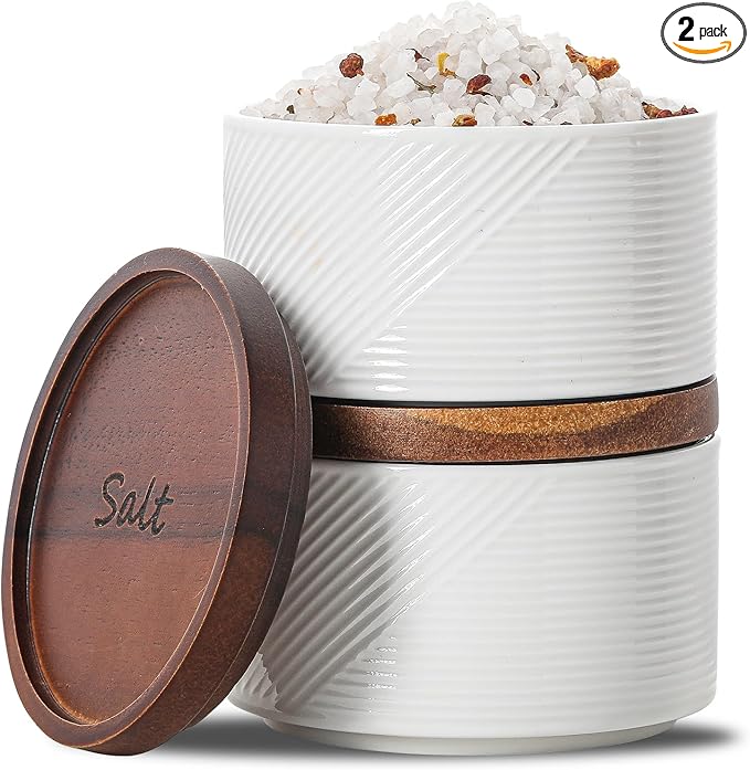Salt and Pepper Bowls: 10 oz Ceramic Stackable Spice Cellar with Wooden Lid - Stacked Seasoning Storage Containers for Countertop Stovetop - Striped, White
