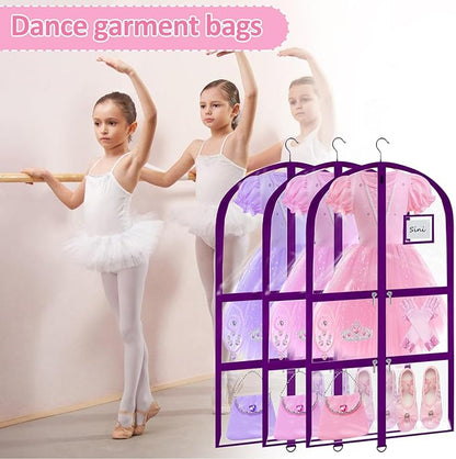 Garment Bags for Dance Costumes - 40 Inch Clear PVC with 5 Zipper Pockets (3 Pack) - Kids Dance Garment Bag for Dancers, Hanging Clothes Storage, Competitions & Travel (‎Clear Purple)
