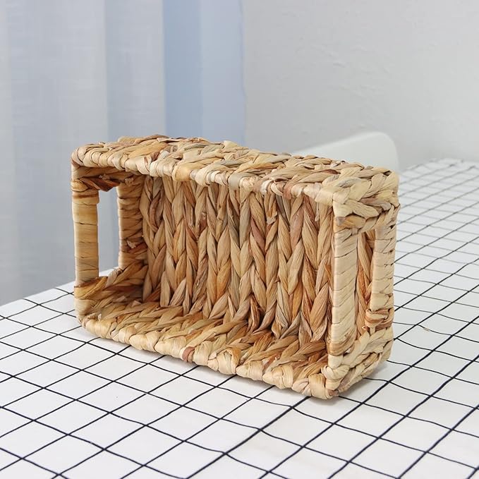 YAHUAN Woven Water Hyacinth Baskets for Organizing, Rectangular Wicker Baskets with Built-in Handles, Small Storage Baskets for Shelves (Water Hyacinth 1-Pack)