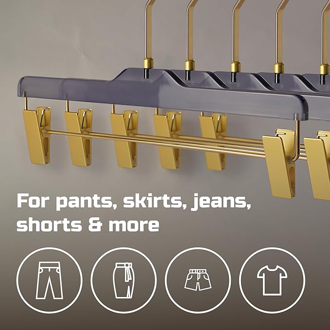 Acrylic Clip-Hangers Brown for Pants, Skirts and Shorts with 360 Degree Silver/Golden Hook | Space Saving & Non-Slip | 5 Pack