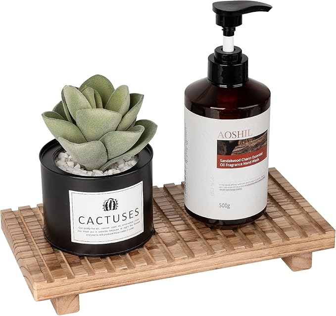 Bathroom Tray Rustic Farmhouse Bathroom Decor Wood Display Stand Riser Kitchen Soap Dish Holder for Vanity, Countertop, Sink, 11 * 5.5 Brown