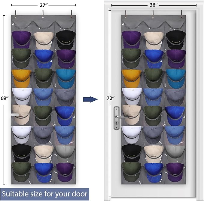 Dofilachy Hat Rack - Hat Organizer - Hat Racks for Baseball Caps, Visible Hat Holder - Baseball HatRack for Wall Door with 3 Hooks, 27 Deep Pockets