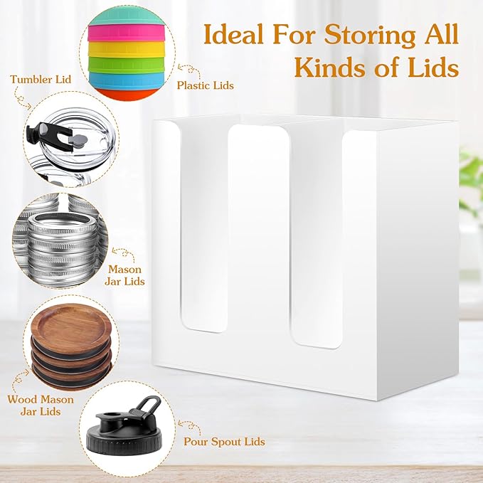 White Mason Jar Lid Organizer (Wide Mouth & Regular Mouth) 2 Compartment Cup Dispenser Organizer Ball Jar Wooden Storage Accessories for Kitchen Coffee Tumbler Lids, Fit Mason/Canning/Bamboo Lids