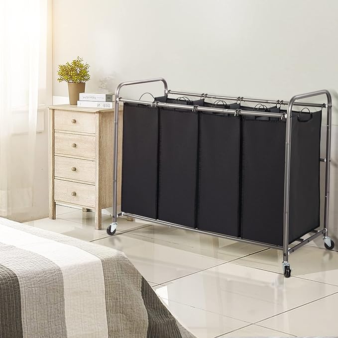 STO STO Laundry Sorter 4 Section, 4 Bag Clothes Hamper, Rolling Laundry Cart Basket with Heavy Duty Lockable Wheels and Removable Bag for Laundry Room, Bedroom, Closet, Black