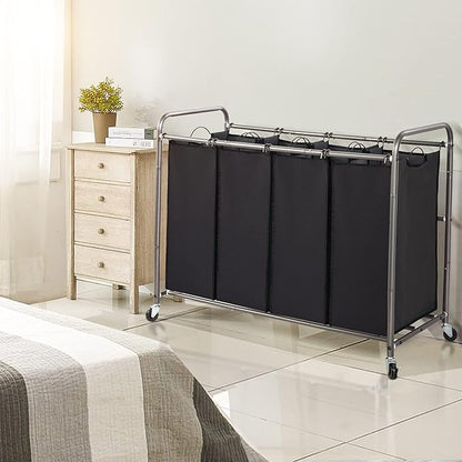 STO STO Laundry Sorter 4 Section, 4 Bag Clothes Hamper, Rolling Laundry Cart Basket with Heavy Duty Lockable Wheels and Removable Bag for Laundry Room, Bedroom, Closet, Black