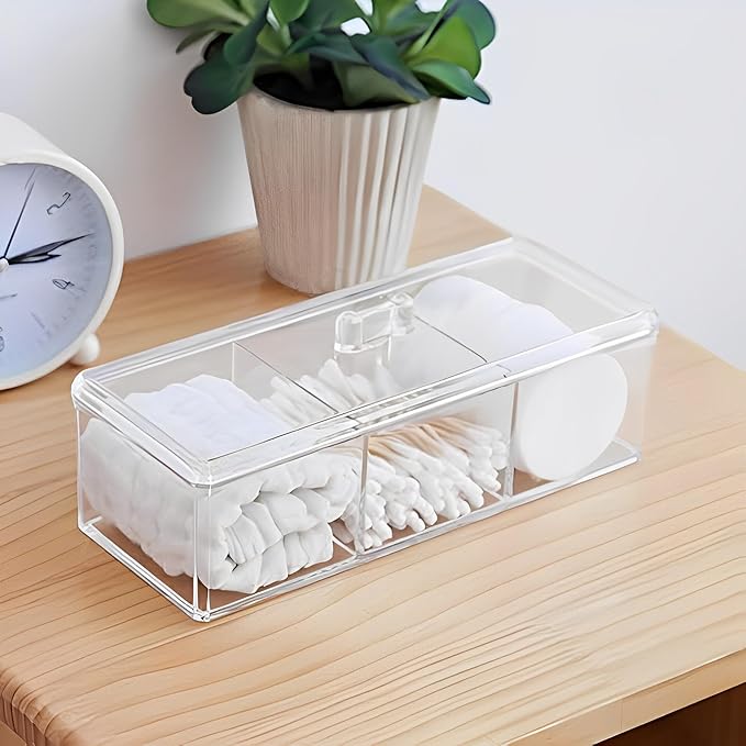 Sooyee Qtip Holder Rectangle Cotton Ball and Swab Holder Organizer with Lid, Dustproof,Waterproof,Clear Acrylic 3 Compartment Cotton Pad Container for Cotton Swabs, Make Up Pads, Cosmetics