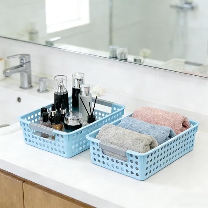 Soddeph 4 Pack Small Plastic Storage Baskets for Organizing, Stackable Bins with Handles for Shelves, Multipurpose Drawer Trays (Blue)