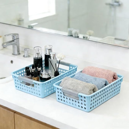 Soddeph 4 Pack Small Plastic Storage Baskets for Organizing, Stackable Bins with Handles for Shelves, Multipurpose Drawer Trays (Blue)