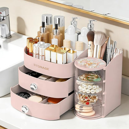 XIAPIA Makeup Organizer Countertop, Make Up Organizer for Vanity, Skincare & Cosmetic Organizers with Drawers, Bathroom Organizers Storage for Brush Holder|Lipstick|Jewelry, Ideal Gift for Women PINK