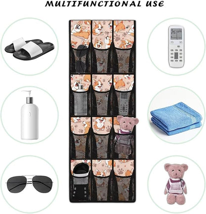 Cute Corgi Door Hanger Organizer Mesh Fabric Behind Door Organizer for Closet 12 Pockets Shoe Holder Hanger Space Saving Wall Hanging Storage for Kids Room