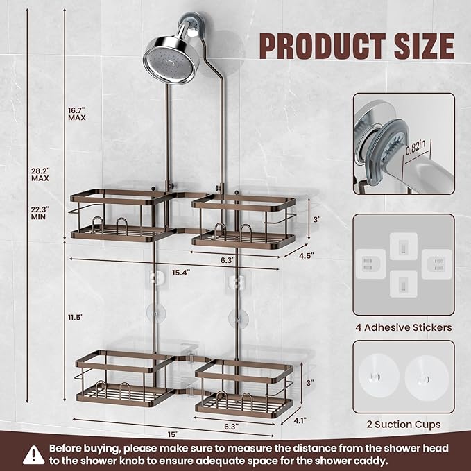 REINHARDT Adjustable Shower Caddy Hanging Rustproof Shower Caddy for Handheld Showerheads, Shower Organizer with Hooks Soap Holder, Anti-Swing Shower Rack Bathroom Accessories, Bronze