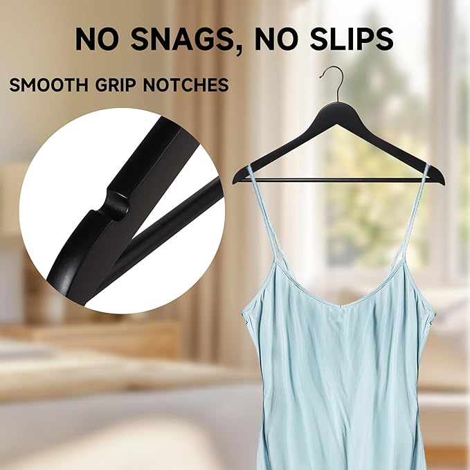 Quality Wooden Clothes Hangers, Solid Wood Suit & Coat Hangers with Pants Bars, Swivel Hook, Shoulder Notches, Heavy Duty Hangers for Shirts, Jackets, Dresses & Trousers(Black/96-Pack)