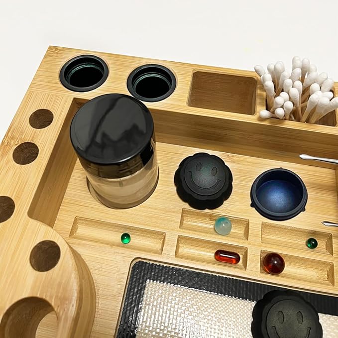 Bamboo Desk Organizer,Carving Tool Organizer with Non-sticky Mat and Silicone Container (28 x 24 x 4.5cm)
