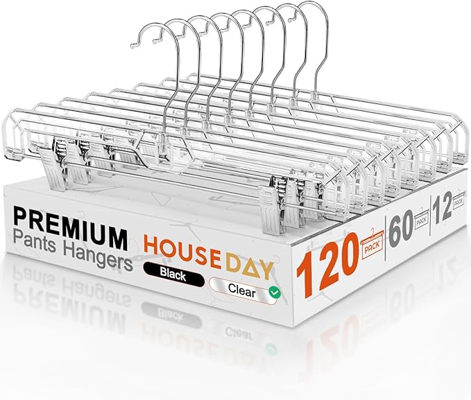 HOUSE DAY 120 Pack Clear Pants Hangers with Clips, Plastic Skirt Hangers for Women, 14 Inch Clip Hanger for Pants, Skirts, Jeans, Shorts, Legging, with 360-degree Swivel Hook, 2 Adjustable Clips