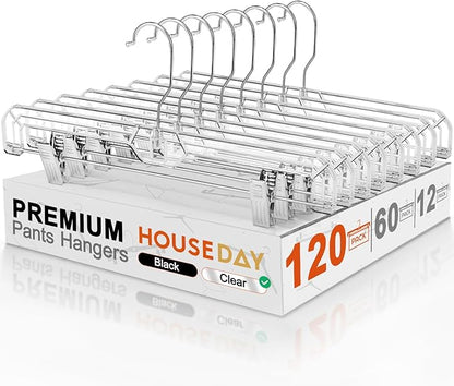 HOUSE DAY 120 Pack Clear Pants Hangers with Clips, Plastic Skirt Hangers for Women, 14 Inch Clip Hanger for Pants, Skirts, Jeans, Shorts, Legging, with 360-degree Swivel Hook, 2 Adjustable Clips