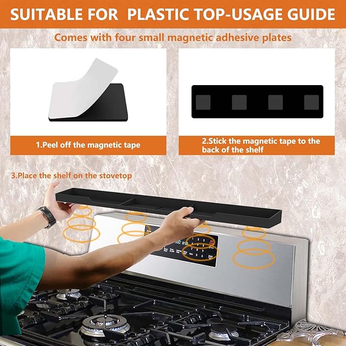 AWOKE Stove Top Shelf 30 Inch - Silicone Material Magnetic Shelf for Stove - 3 Functional Partitions Kitchen Spice Rack Organizer-Black,Kitchen Gadgets Storage Organization