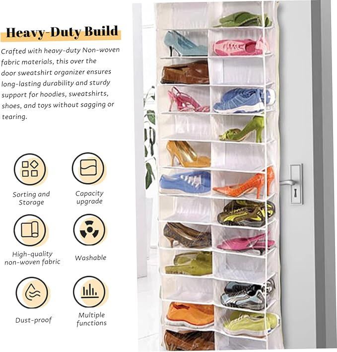 Over the Door Sweatshirt Organizer Hanging Clear Door Shoe Organizer with 26 Pocket Foldable Heavy Duty Toy Storage