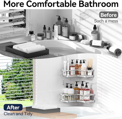 YASONIC Shower Caddy Corner, 2-Pack Adhesive Rustproof Stainless Steel Shower Shelves with Soap Holder, No Drilling Shower Organizer Corner for Dorm, Renters Bathroom Silver