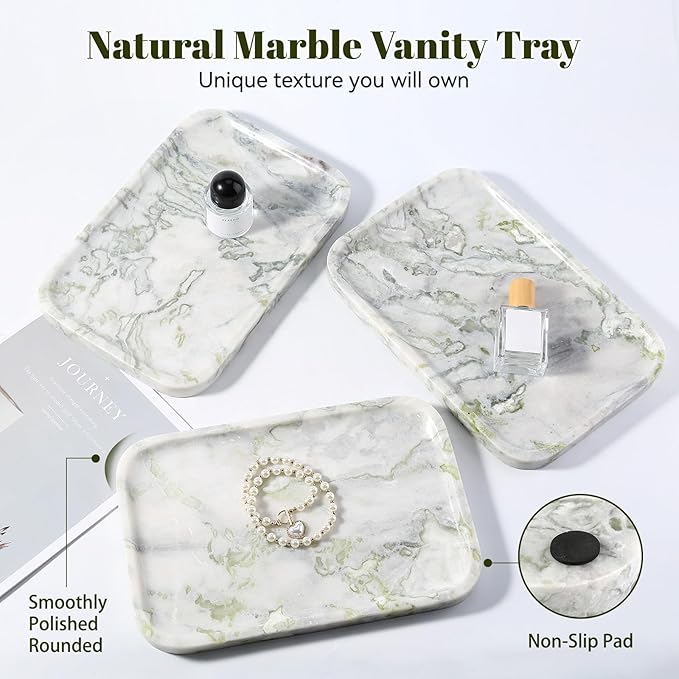 Karibiber Luxury Marble Vanity Tray, Bathroom Tray Countertop, Bianco Marble/Stone, Home Decorative Dresser Organizer, Storage for Kitchen Sink, Perfume Jewelry Holder(Green&White)