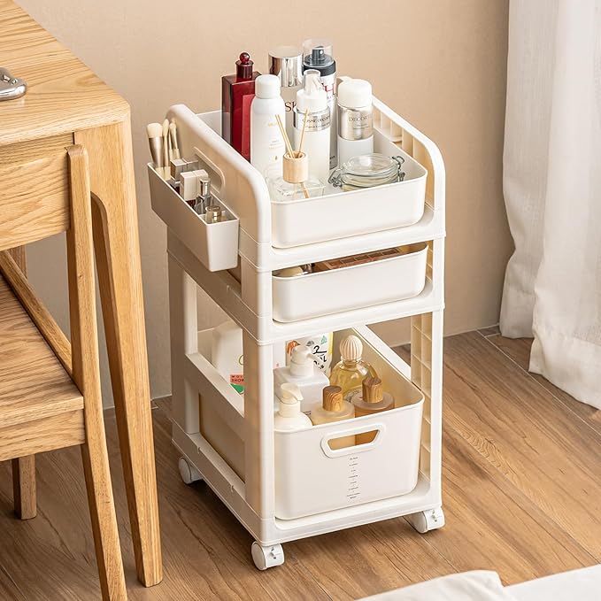 Rolling Makeup Organizer Cart with Removable Drawer, 3 Tier Stable White Floor Skincare Storage Cart for Vanity, Cosmetic Display, Nail Polish, Perfume, Hair Stuff, Beauty, Bathroom (3 Tier White)