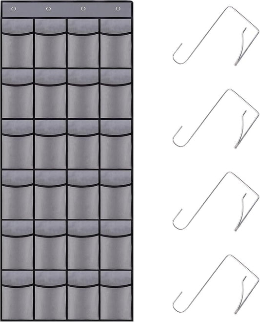 Over the Door Shoe Organizer, 24 Large Breathable Mesh Pockets, Hanging Storage Holder, Hanging Shoe Organizer(Grey)
